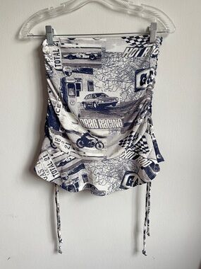 Urban Outfitters Graphic Car Print Mini Skirt with Ruched Sides — Navy & Cream
